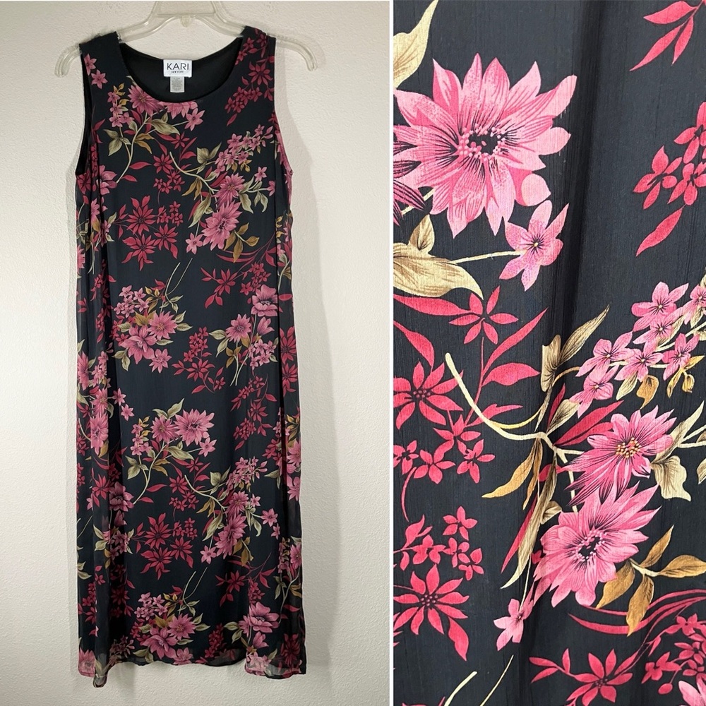 Y2K Dark Floral Column Dress 16 Sleeveless Chiffon Whimsigoth Vacation Work FLAW